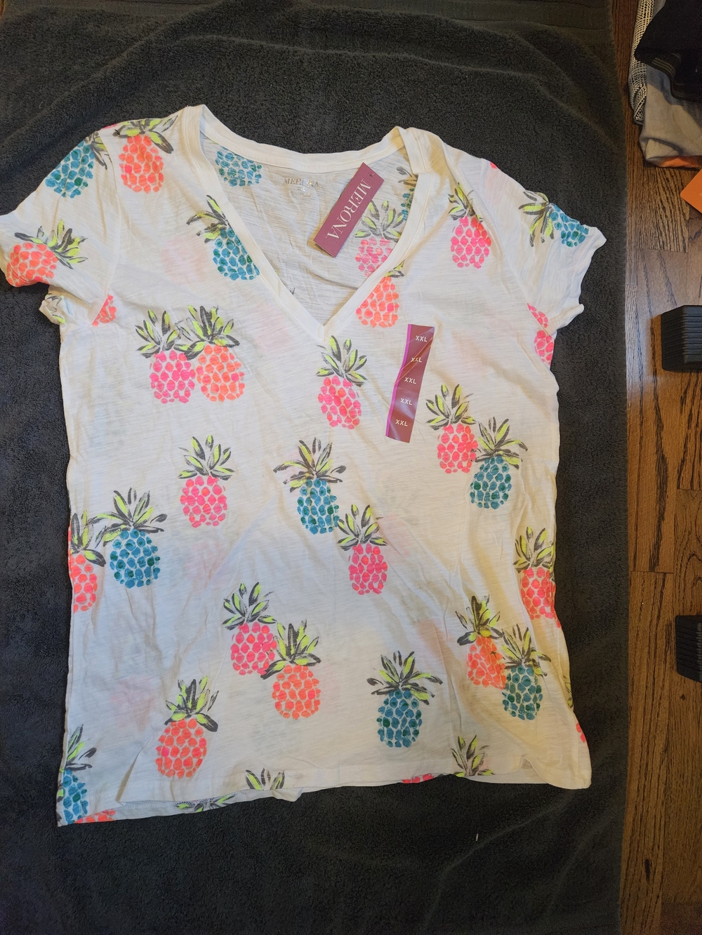 White V-Neck Tee with Neon Pink & Teal Pineapple Print